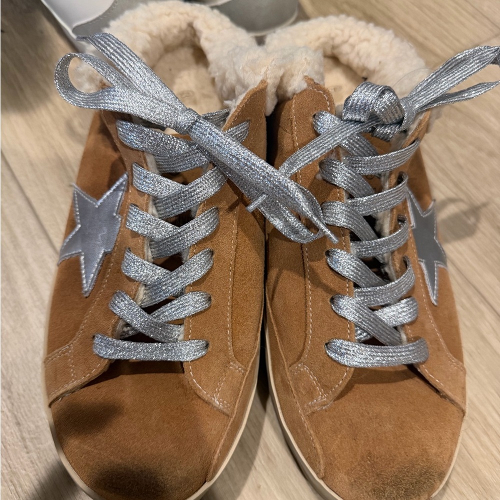Golden Goose Tan and Silver Sneakers